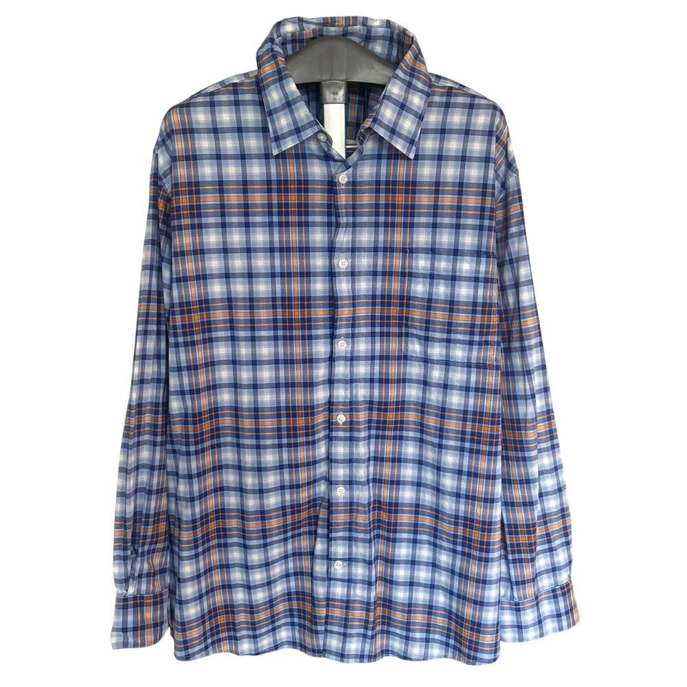 Claiborne Men’s 2XL 100% Cotton Blue Orange Plaid Button Down Long Sleeve Shirt
